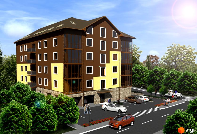 Зовнішній вигляд житлового комплексу Княжий з коричнево-жовтим фасадом та великими вікнами. Навколо будинку розташовані зелені дерева та парковка з автомобілями.