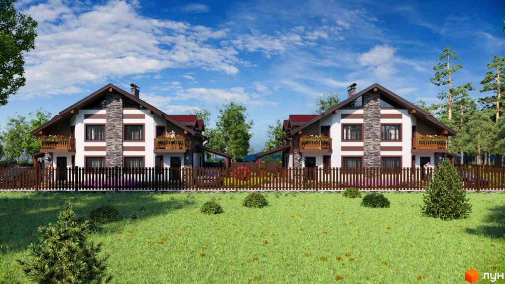Зображення дуплексів у Котеджному містечку „Шале Парк“. Двоповерхові будинки з балконами та дерев'яним парканом на зеленій галявині.