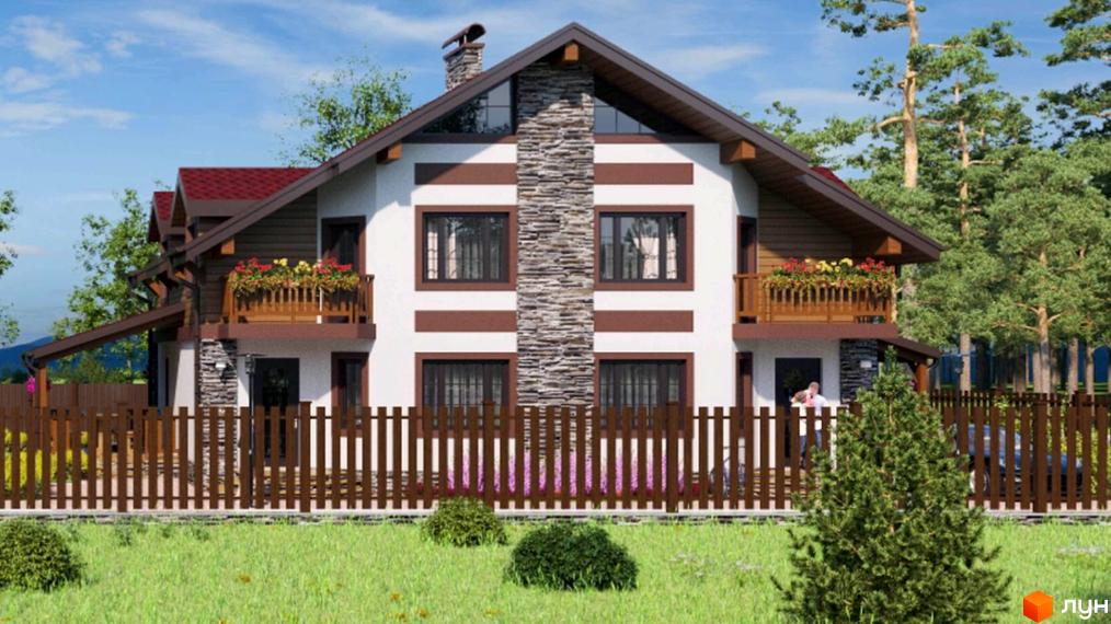 Зображення дуплексу в Житловому комплексі „Шале Парк“. Двоповерховий будинок з балконами та коричневим парканом на передньому плані.