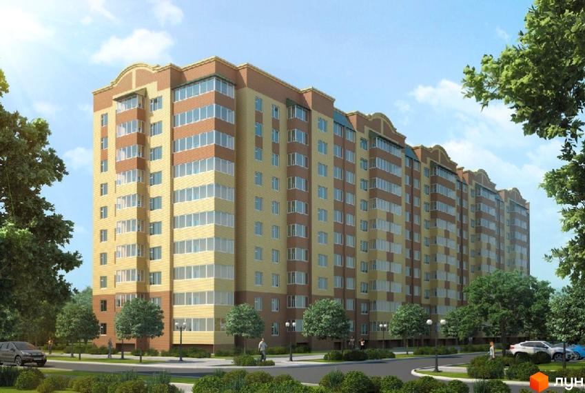 Зображення фасаду багатоповерхового будинку на Озерній, 6/2б. Навколо будинку зелені насадження, дерева, припарковані автомобілі.
