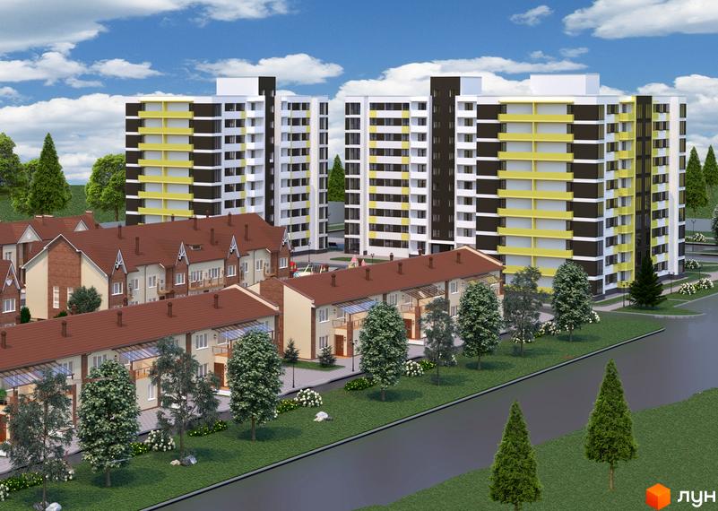 Житловий комплекс Новий Парковий. Багатоповерхові будинки з жовтими та коричневими секціями. На передньому плані - будинки з терасами та зеленою прибудинковою територією.