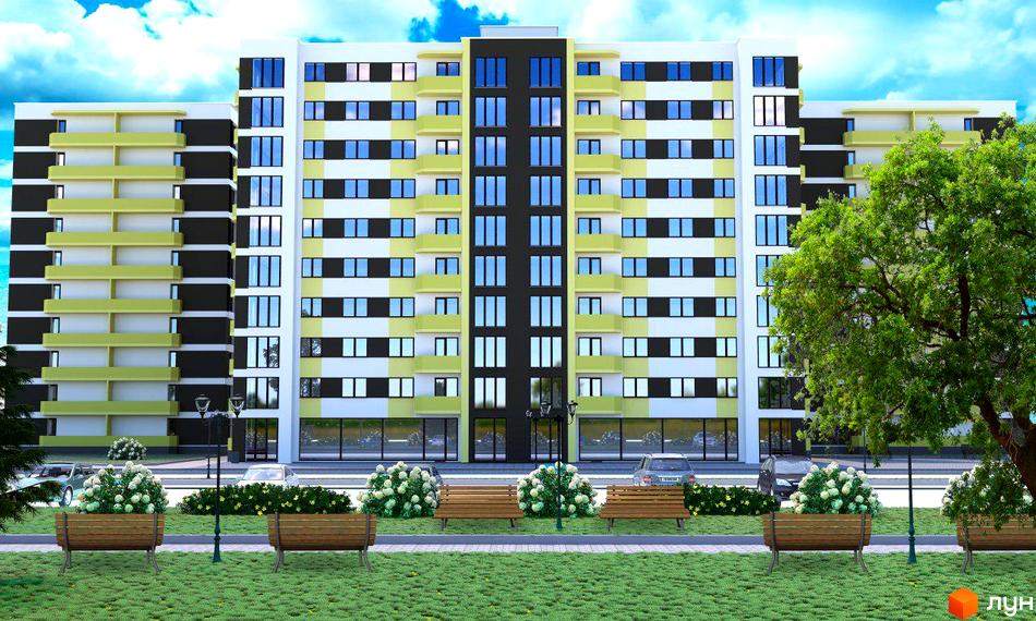 Житловий комплекс Новий Парковий: багатоповерховий будинок з білим, чорним та салатовим фасадом. Перед ним зелений газон, лавки та кущі.