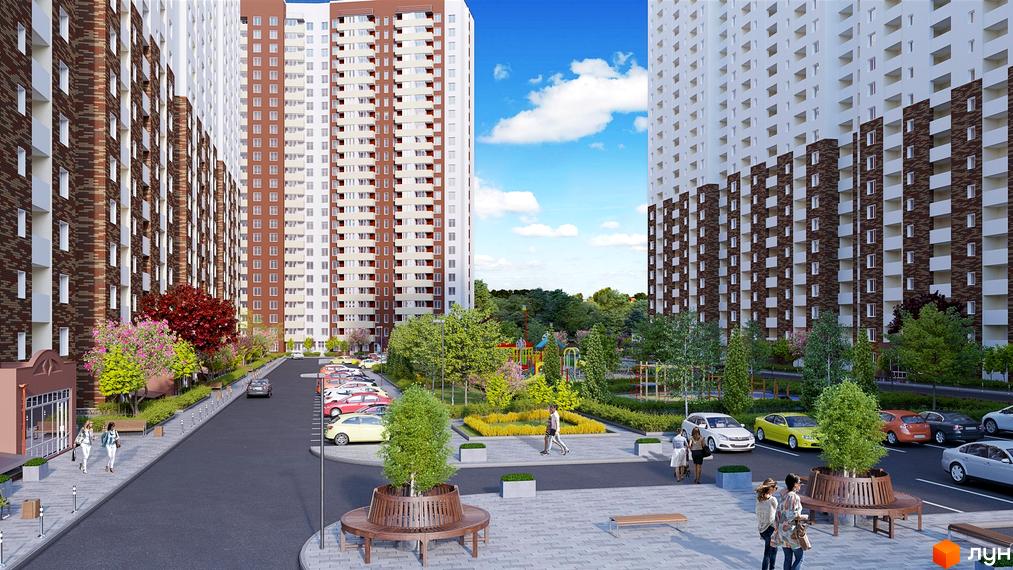 Зображення фасаду та подвір'я Житлового комплексу Navigator. Висотні будинки з коричневим оздобленням, зелені насадження, лавки та припарковані авто.