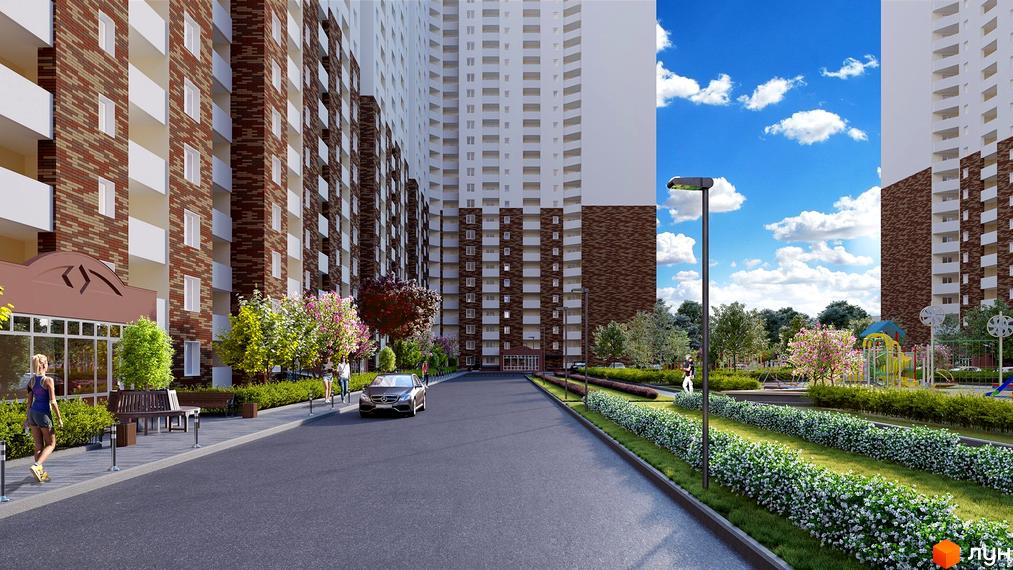 Зображення фасаду та прибудинкової території Житлового комплексу Navigator. Вигляд на будівлю з червоної цегли та дитячий майданчик.