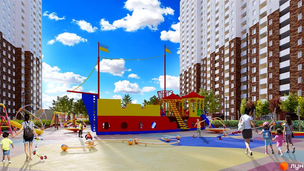 Новобудова Navigator: високі будинки з білими та коричневими фасадами, на прибудинковій території просторий дитячий майданчик з кораблем.