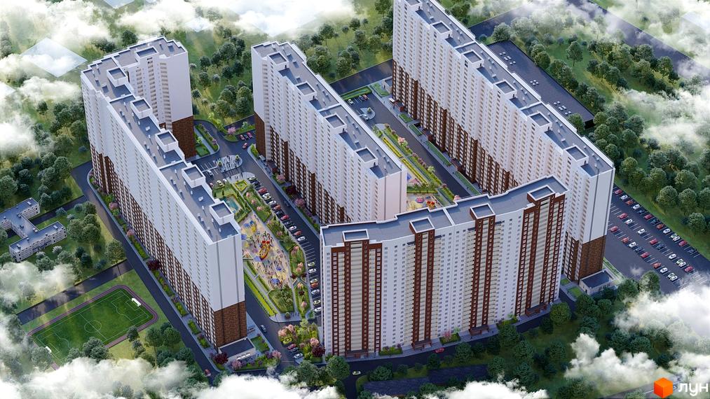 Житловий комплекс Navigator: багатоповерхові будинки зі світлими фасадами та коричневими вставками, оточені зеленими дворами, дитячими майданчиками та парковками.