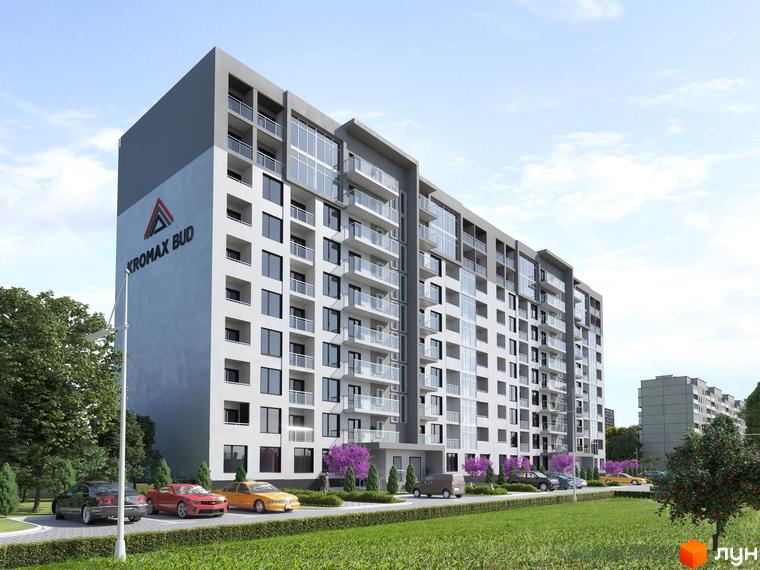 Зображення фасаду та прибудинкової території Житлового комплексу KromaxBud. Багатоповерхова будівля з великими вікнами та балконами, зелені насадження.