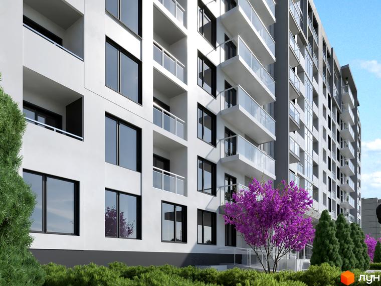 Зображення фасаду та прибудинкової території Новобудови KromaxBud. Багатоповерховий будинок з балконами, вікнами та зеленими насадженнями.