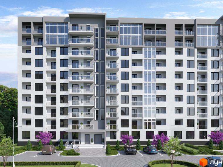 Зображення фасаду та прибудинкової території Житлового комплексу KromaxBud. Багатоповерхова будівля з великими вікнами та балконами.