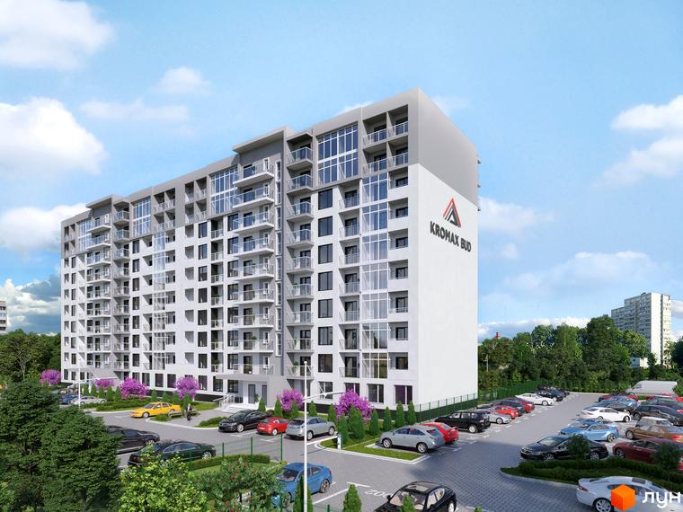 Житловий комплекс KromaxBud: багатоповерхова будівля світлих тонів з балконами та великий паркінг, оточений зеленими насадженнями.