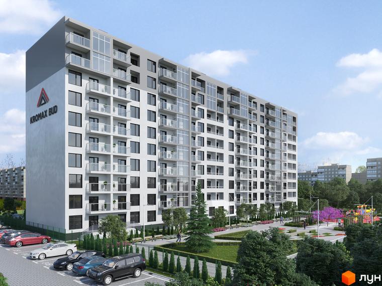 Зображення фасаду та прибудинкової території ЖК KromaxBud. Багатоповерховий будинок з балконами, поруч зелена зона з деревами та парковкою.