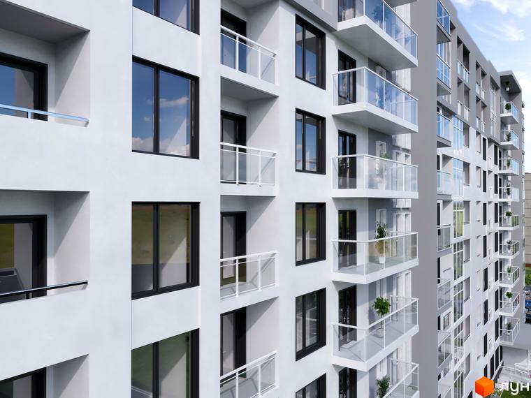 Зображення фасаду багатоповерхового будинку в Житловому комплексі KromaxBud. Вигляд новобудови з великими вікнами та балконами.