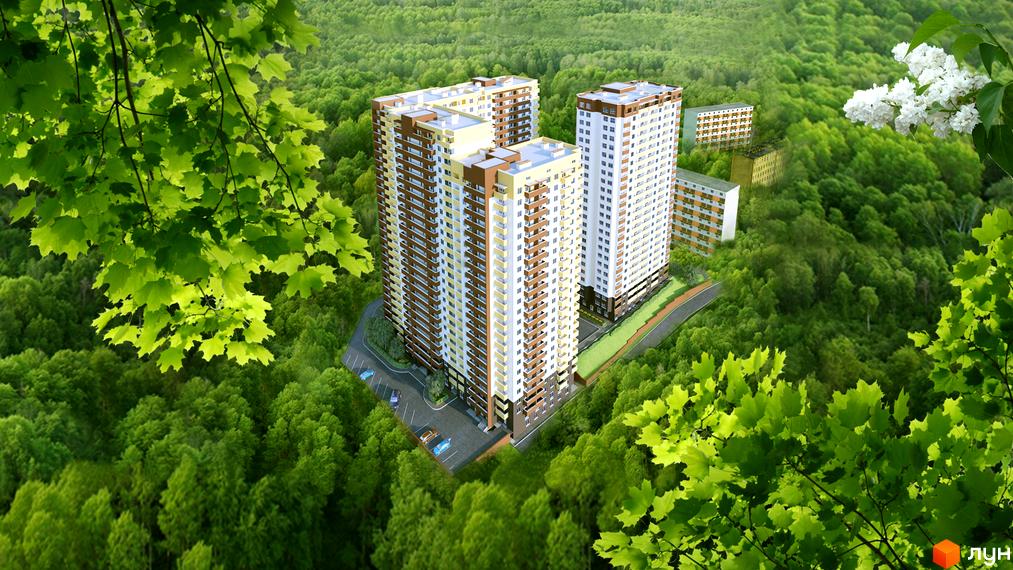 Зображення Новобудови Шевченківський квартал серед зеленого лісу. Висотні будинки з великою кількістю вікон та балконів.