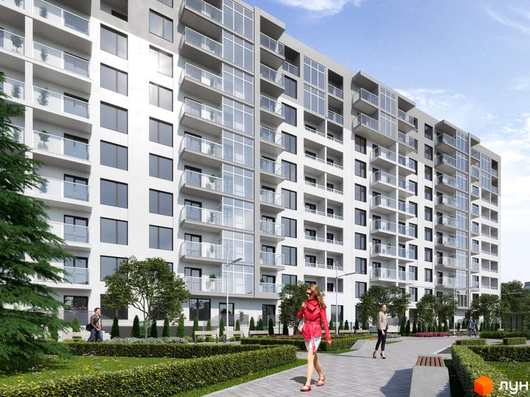 Зображення фасаду багатоповерхового будинку в Житловому комплексі KromaxBud. На передньому плані прибудинкова територія з тротуарами та газонами.