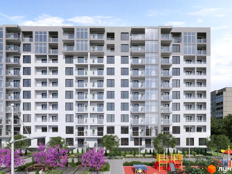 Зображення фасаду та прибудинкової території Житлового комплексу KromaxBud. Багатоповерховий будинок з великою кількістю вікон та балконів, дитячий майданчик.