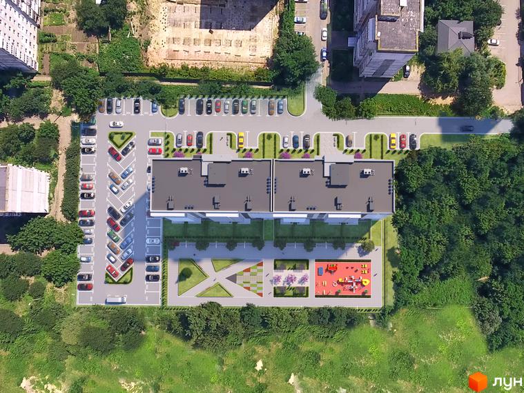 Аерофото Житлового комплексу KromaxBud з двома багатоповерховими будинками. На території видно парковки, зелені зони та дитячий майданчик.
