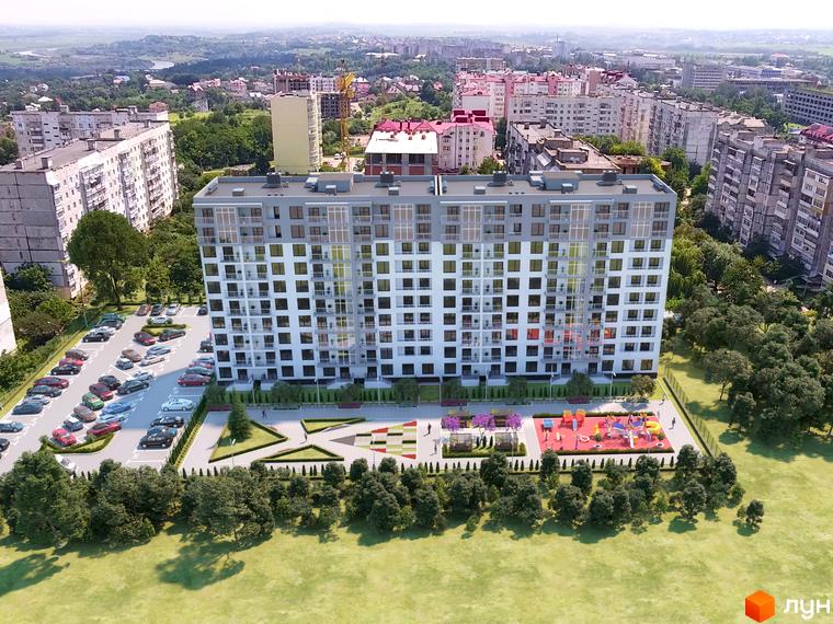 Зображення Житлового комплексу KromaxBud з висоти пташиного польоту. На фото багатоповерховий будинок, парковка та дитячий майданчик.