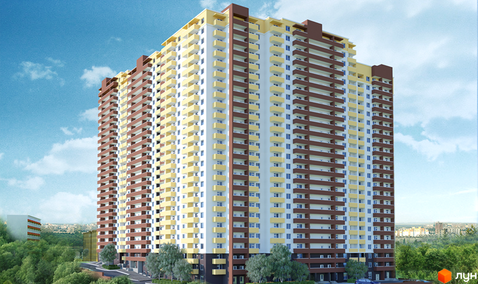 Зображення фасаду багатоповерхового будинку Житловий комплекс Шевченківський квартал. На передньому плані дерева та прибудинкова територія.