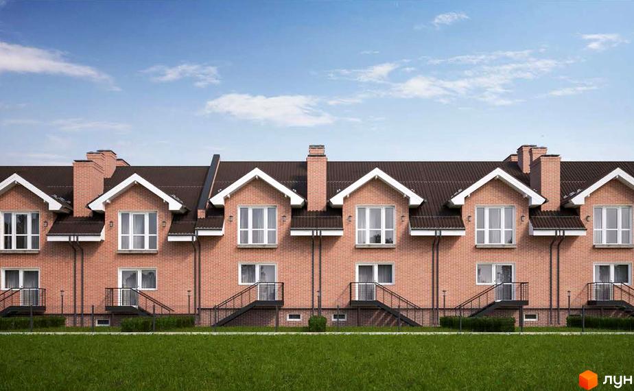 Таунхауси Borispol Village з цегляним фасадом та коричневим дахом. Перед будинками зелений газон та невисока огорожа.