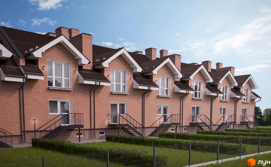 Новобудова Таунхауси Borispol Village з цегляними фасадами та коричневими дахами. Озеленена прибудинкова територія з парканом та блакитним небом.