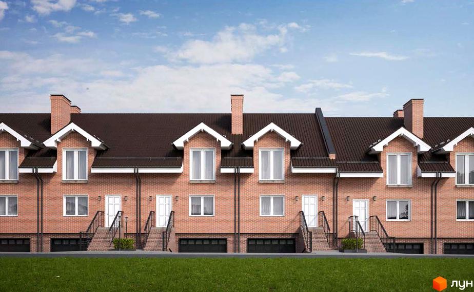 Таунхауси Borispol Village з цегляним фасадом та темним дахом на тлі блакитного неба. Перед будинками зелений газон та доглянута територія.