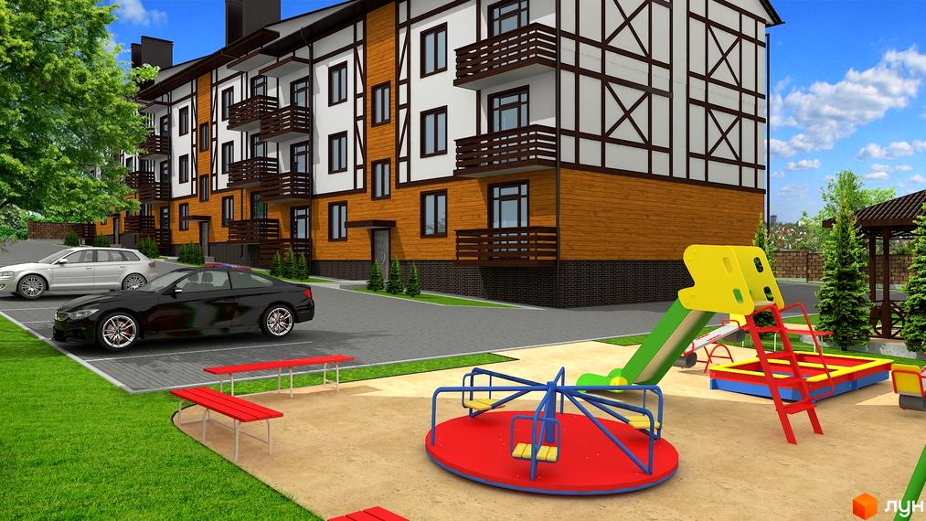 Житловий комплекс Скандинавський. Будинок з дерев'яними елементами та балконами. Поруч дитячий майданчик з гіркою, каруселлю та пісочницею, а також припарковані автомобілі.