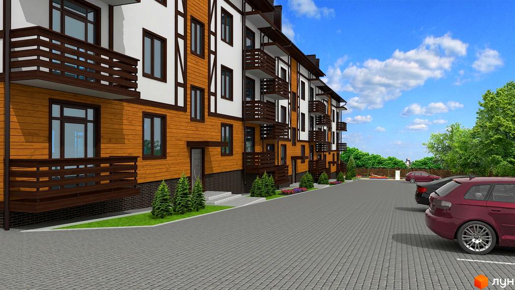Зовнішній вигляд житлового комплексу ЖК Скандинавський з дерев'яними елементами та балконами. Прибудинкова територія з парковкою та зеленими насадженнями.