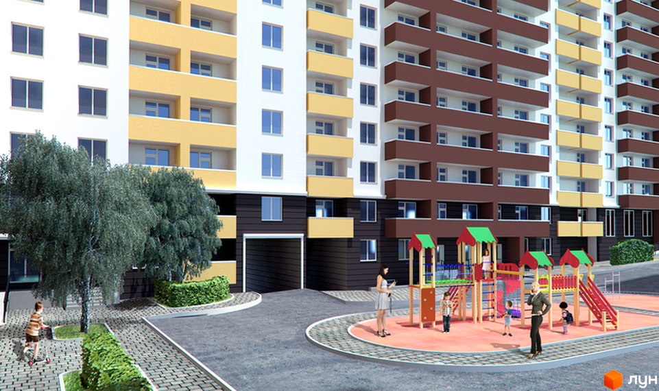 Зображення фасаду та подвір'я Житлового комплексу Шевченківський квартал. Багатоповерхова будівля з дитячим майданчиком та зеленими насадженнями.
