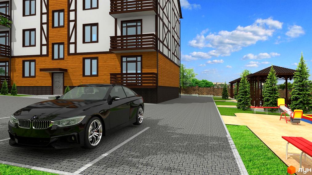 Житловий комплекс Скандинавський: дворове подвір'я з дитячим майданчиком, навісами та зеленими насадженнями. Автомобіль припаркований біля будинку з дерев'яними елементами фасаду.