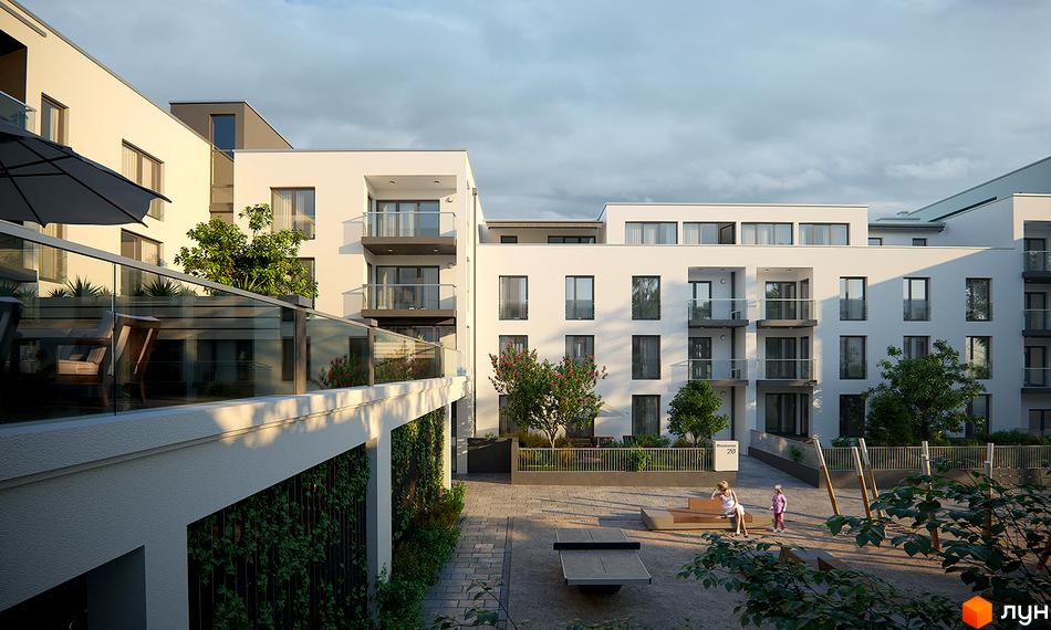 Житловий комплекс Villa Magnolia Spring. Зовнішній вигляд білих будівель з балконами та прибудинкова територія з дитячим майданчиком та зонами відпочинку.