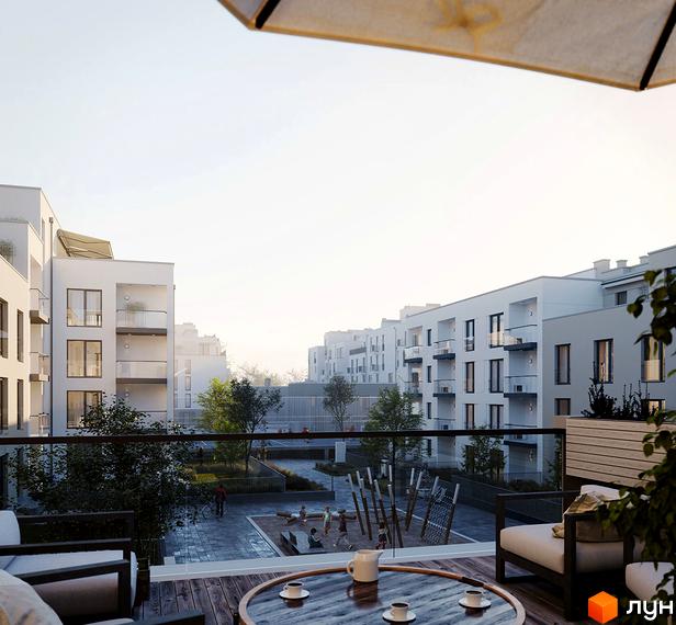 Житловий комплекс Villa Magnolia Spring. Зовнішній вигляд білих будинків з балконами та внутрішній двір з дитячим майданчиком.