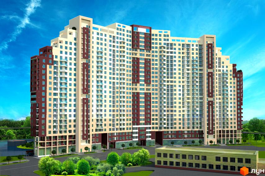 Зображення багатоповерхового будинку Житлового комплексу Маргарита з великою кількістю вікон та балконів. Навколо будинку зелені насадження та доглянута територія.