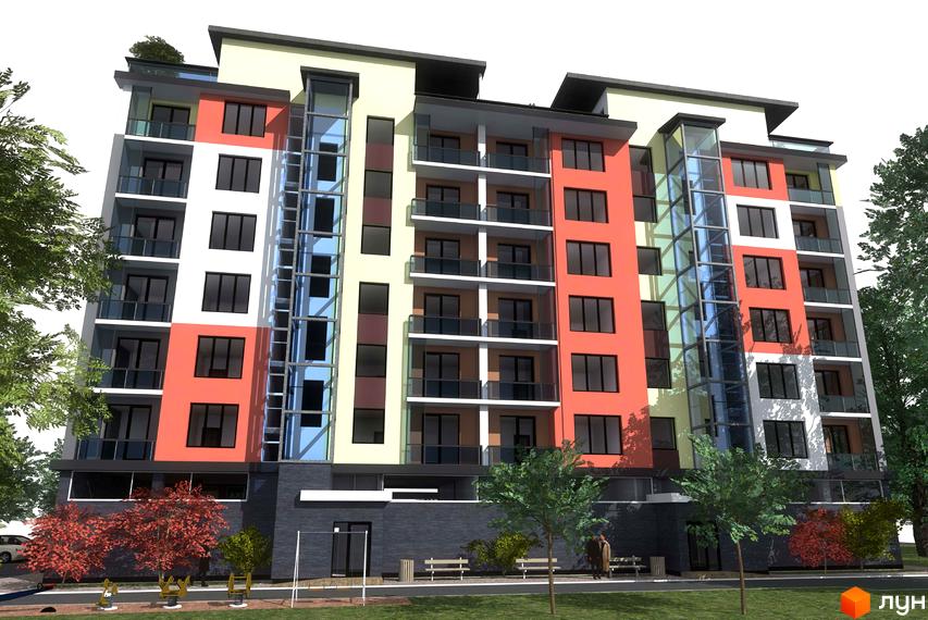 Житловий комплекс Тетріс – яскрава фасадна частина з панорамними вікнами та скляними ліфтовими шахтами. Навколо будинку зелена зона з деревами та дитячим майданчиком.