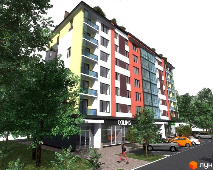 Зовнішній вигляд новобудови ЖК Тетріс з яскравими фасадами та скляними балконами. Прибудинкова територія з деревами та припаркованими автомобілями.