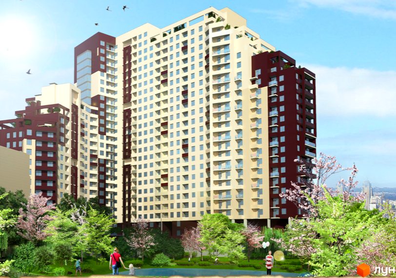 Зображення багатоповерхового будинку в Житловому комплексі Маргарита. На передньому плані зелені насадження та люди.