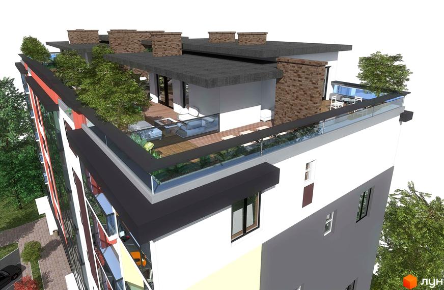 Зовнішній вигляд новобудови ЖК Тетріс з терасою на даху та зеленими насадженнями. Навколо будинку видно дерева та елементи прибудинкової території.