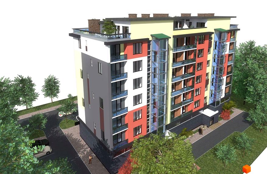 Житловий комплекс Тетріс - багатоповерхова новобудова з яскравим фасадом, скляними балконами та ліфтовими шахтами. На прибудинковій території розташовані дерева та парковка.