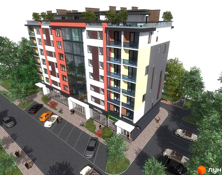 Зовнішній вигляд житлового комплексу Тетріс з фасадами червоного, жовтого та сірого кольорів, скляними балконами та прибудинковою територією з парковкою та деревами. Новобудова з комерційними приміщеннями на першому поверсі.