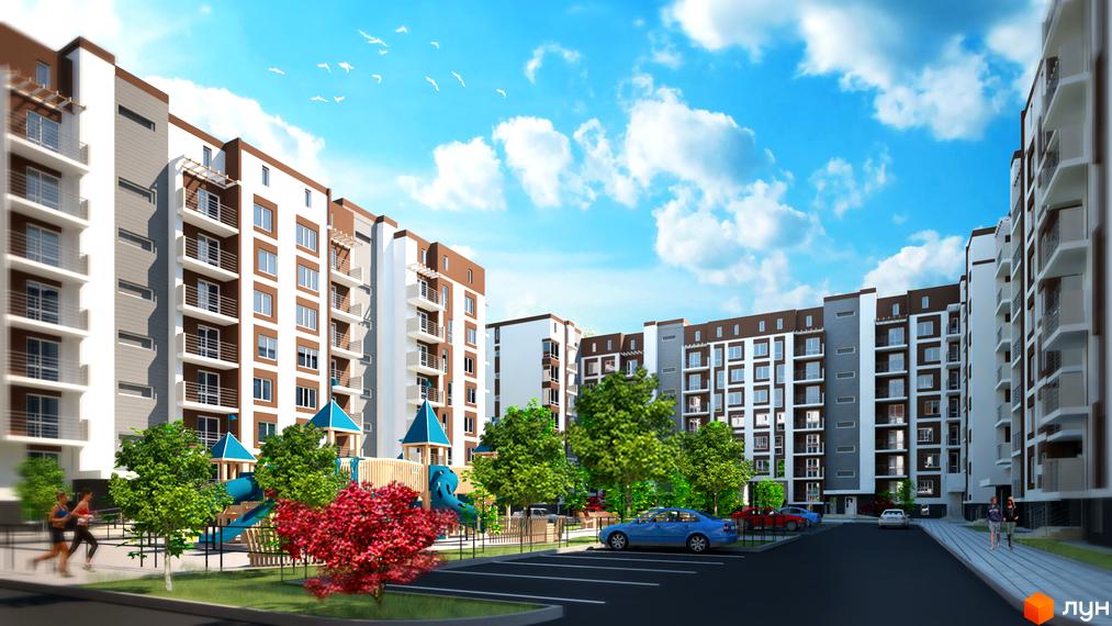 Житловий комплекс City Park: багатоповерхові будинки з балконами та панорамними вікнами. На території є дитячий майданчик, парковка та зелені насадження.
