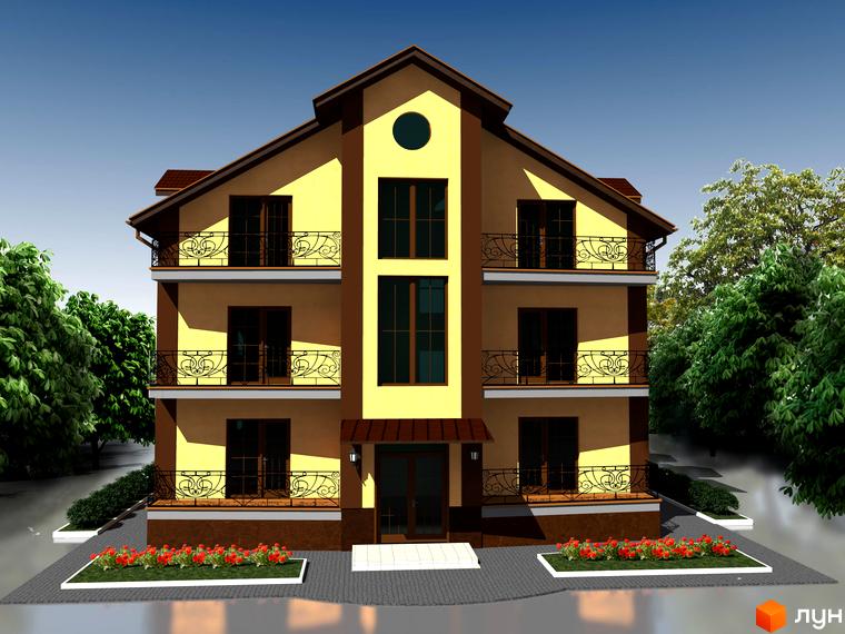 Триповерховий житловий комплекс з жовтим фасадом, коричневими вікнами та балконами з кованими решітками. Навколо будинку зелені дерева та клумби з червоними квітами.