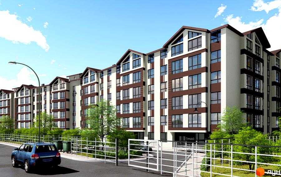 Зображення фасаду багатоповерхового будинку в Житловому районі Район. На передньому плані видно прибудинкову територію з огорожею та зеленню.