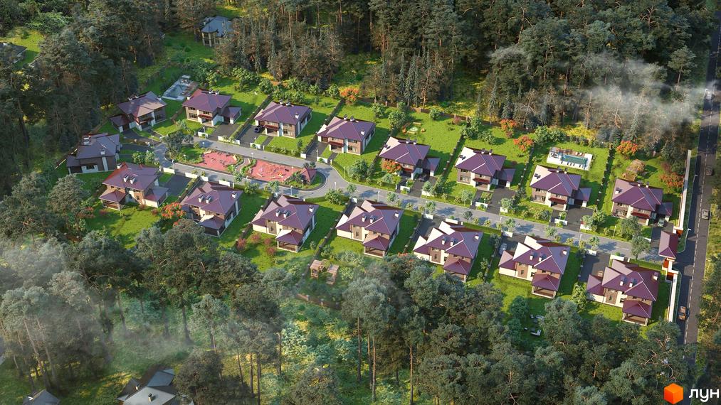 Котеджне містечко Zahrava Village: сучасні будинки з червоними дахами та доглянутою прибудинковою територією. На території комплексу є дитячий майданчик та басейн.