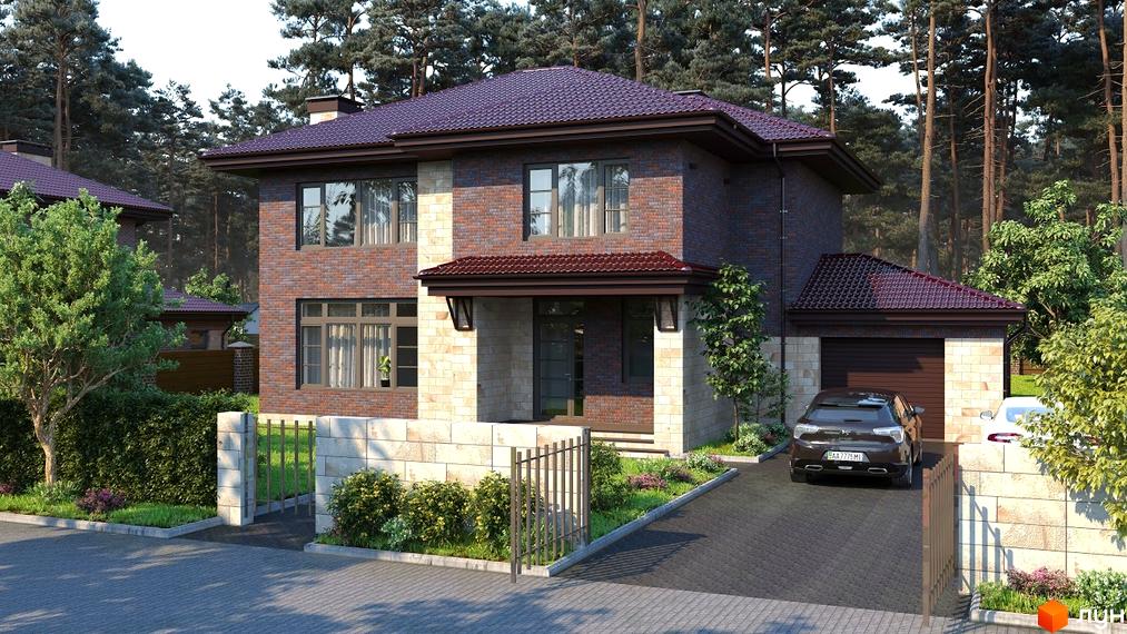 Зовнішній вигляд двоповерхового будинку з цегляним фасадом та фіолетовим дахом в котеджному містечку КМ Zahrava Village. Прибудинкова територія з доглянутим газоном, кущами та парканом.