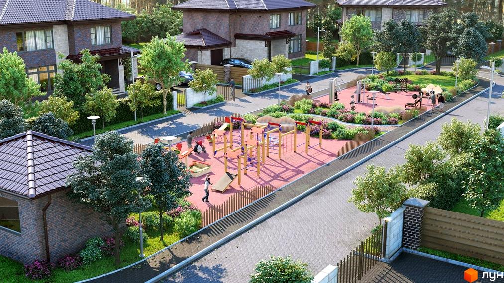 Котеджне містечко КМ Zahrava Village. Зовнішній вигляд будинків та облаштована територія з дитячим майданчиком та зоною для спорту.