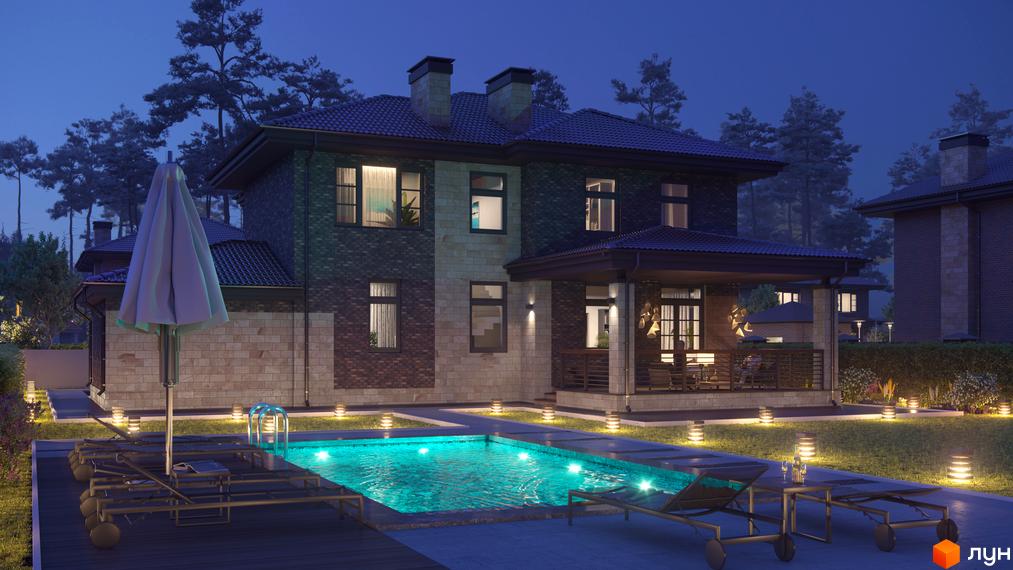 Котеджне містечко KМ Zahrava Village з басейном та шезлонгами вночі. Зовнішній вигляд двоповерхового будинку з цегляним фасадом та підсвіченим басейном.