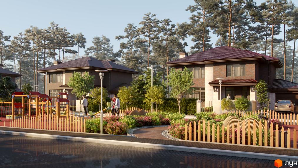 Котеджне містечко Zahrava Village. Зовнішній вигляд цегляних будинків з коричневими дахами та прибудинкова територія з дитячим майданчиком та зеленими насадженнями.