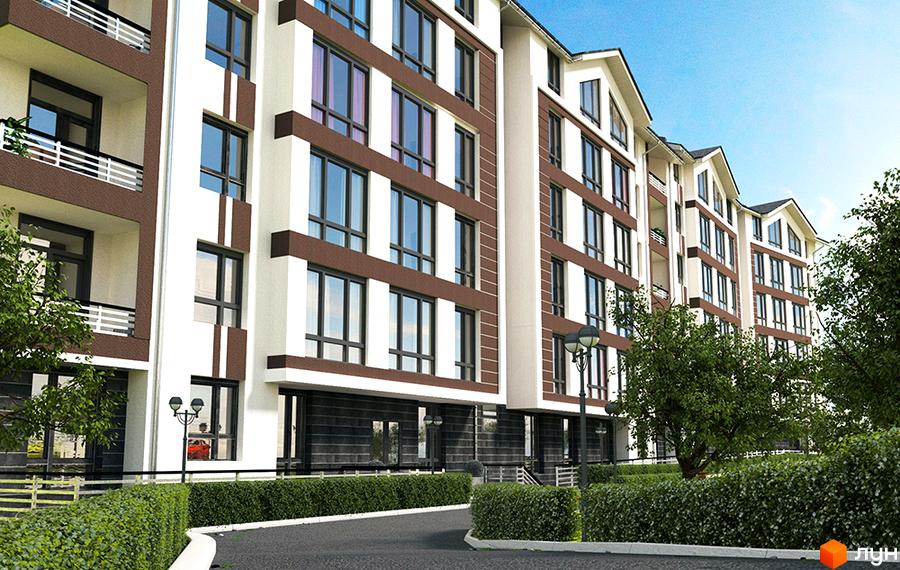 Зображення фасаду багатоквартирного будинку в Житловому комплексі Район. На передньому плані зелені насадження та дорога.