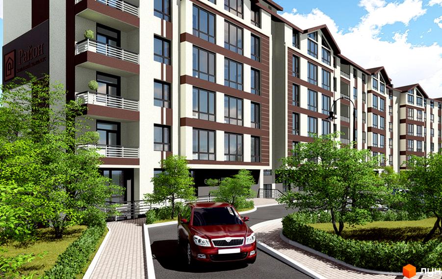 Зображення фасаду Житлового комплексу Район з балконами та панорамними вікнами. На передньому плані червоний автомобіль та зелені насадження.