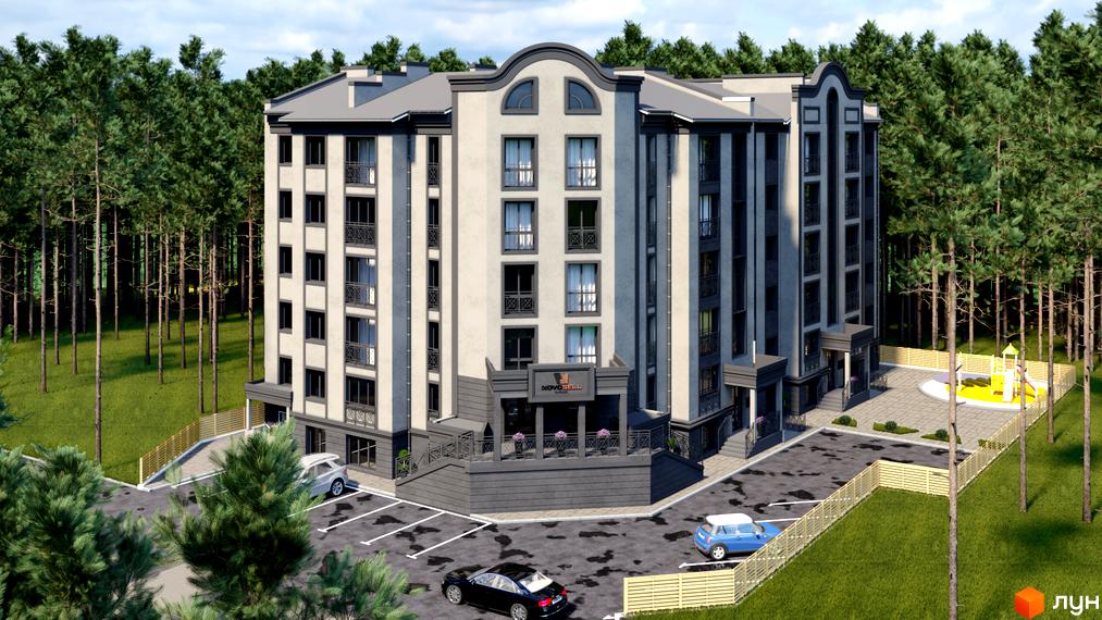 Новобудова ЖК Renome з сірим фасадом та балконами, оточена деревами. Поруч парковка та дитячий майданчик.