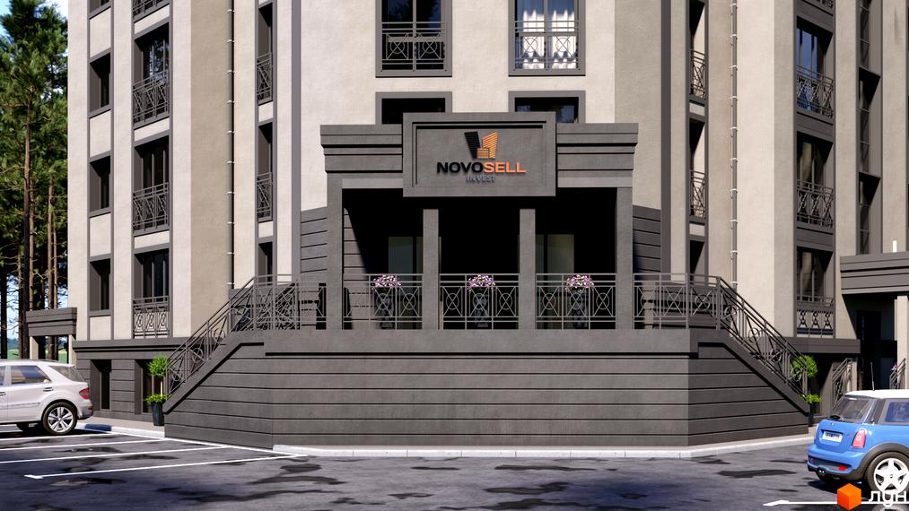 Зовнішній вигляд новобудови ЖК Renome з сірим фасадом та балконами. Прибудинкова територія з парковкою та зеленими насадженнями.